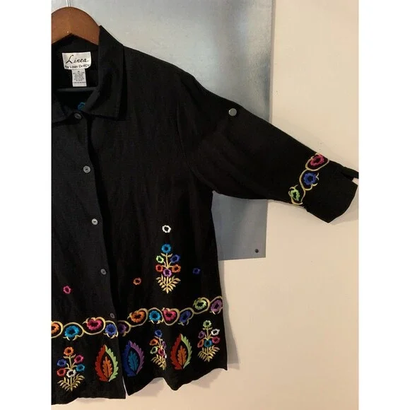 Linea by Louis Dell’Olio Linen Blend Floral Embroidered Jacket/Tunic Black M - Picture 5 of 16